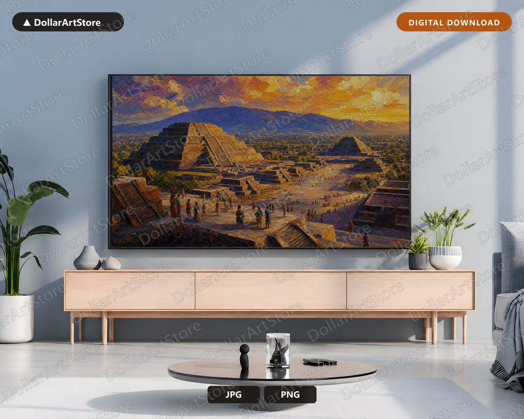 Cozy Teotihuacan Pyramid Frame TV Art, Textured Earthy Landscape Samsung Frame TV Digital Download, 4K TV Screensaver Art