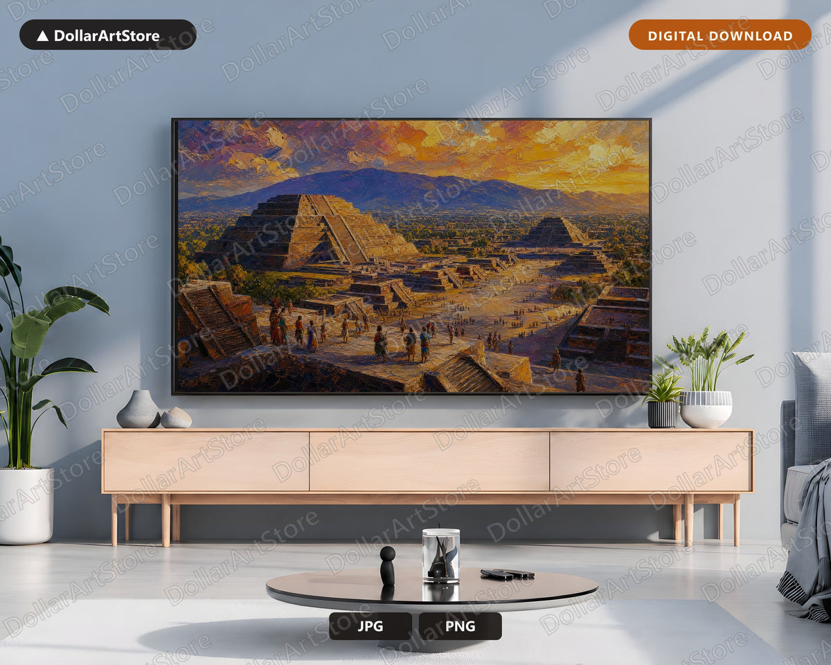 Cozy Teotihuacan Pyramid Frame TV Art, Textured Earthy Landscape Samsung Frame TV Digital Download, 4K TV Screensaver Art