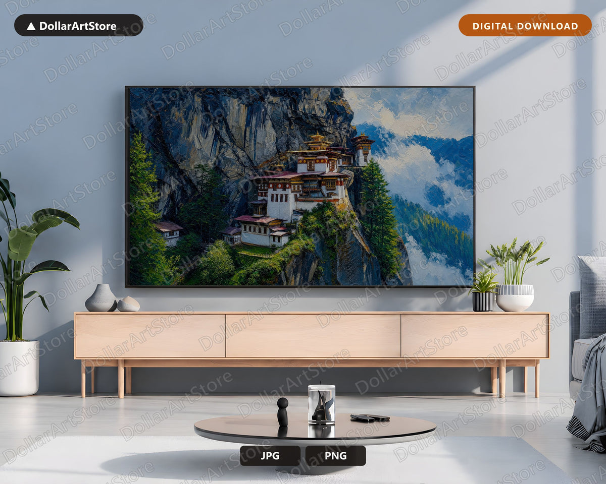 Cozy Mountain Monastery Frame TV Art, Samsung Frame TV Digital Download, 4K Landscape Screensaver