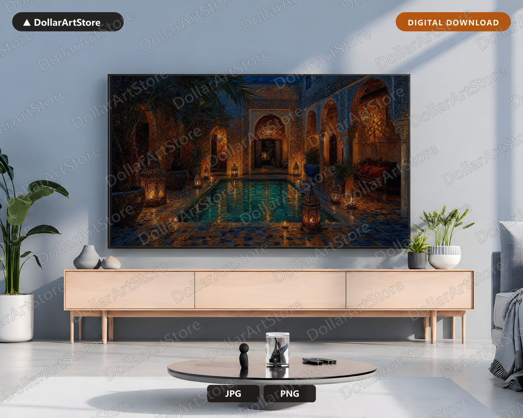 Cozy Moroccan Riad Courtyard Frame TV Art, Candlelit 4K Samsung Frame TV Digital Download