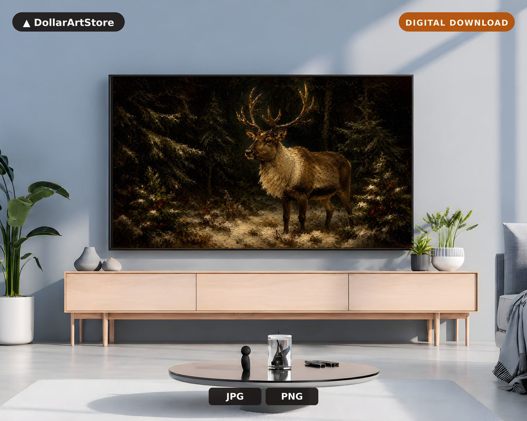 Moody Forest Stag Frame TV Art, Dark Woodland Scenery 4K Samsung TV Download