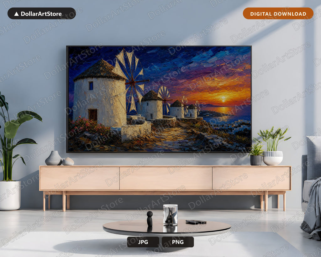 Cozy Mykonos Windmills Frame TV Art, Samsung Frame Digital Download, 4K Sunset Scenery
