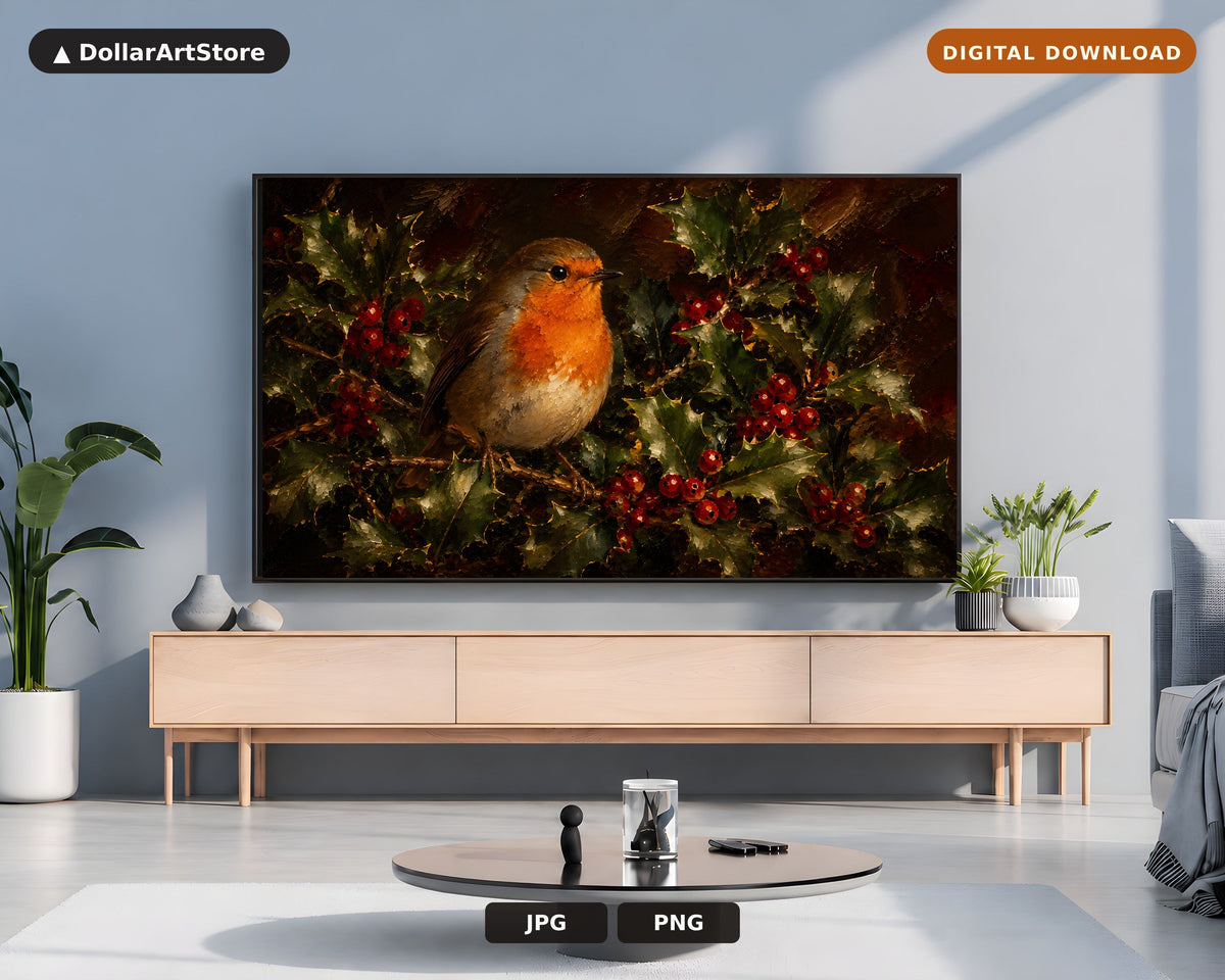Cozy Robin Frame TV Art, Samsung Frame TV Digital Download, 4K Textured Holiday Screensaver