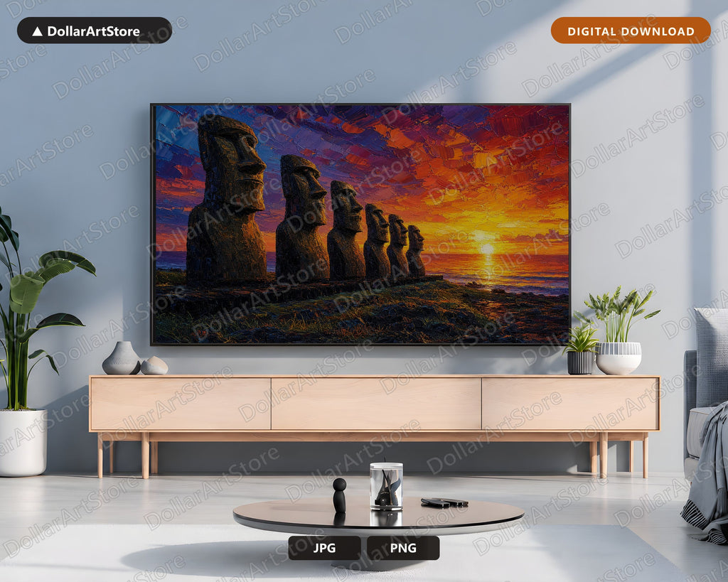 Easter Island Moai Sunset Frame TV Art, Samsung 4K Digital Download, Scenic Landscape Screensaver
