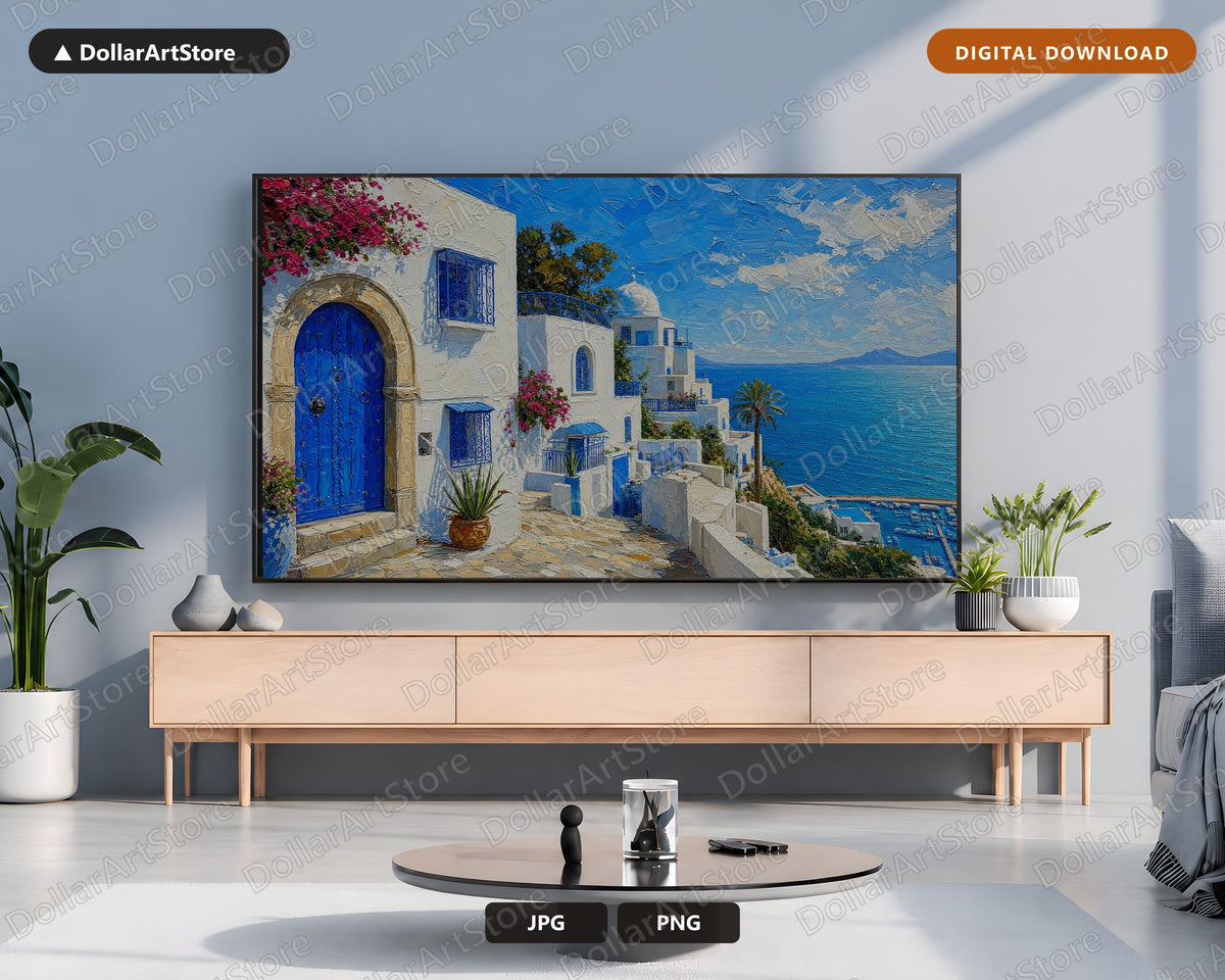 Cozy Mediterranean Coastal Frame TV Art, Samsung Frame TV Digital Download, 4K Textured Scenery