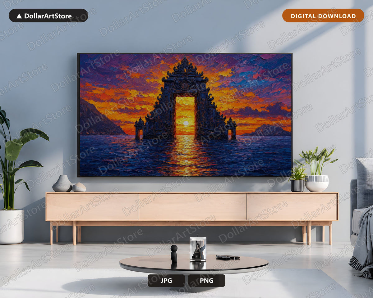 Cozy Sunset Frame TV Art, East Asian Temple Landscape, Samsung Frame TV Digital Download 4K