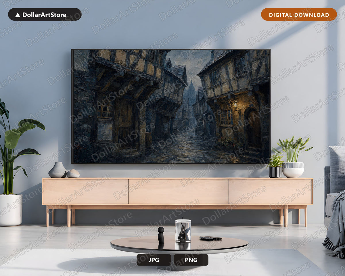 Moody Medieval European Street Frame TV Art, 4K Samsung Frame Digital Download, Textured Cobblestone Scenery