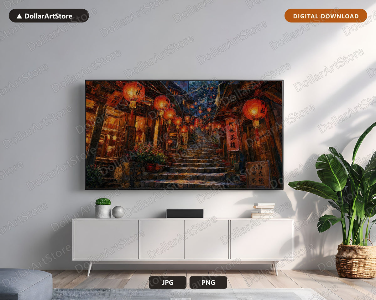 Cozy East Asia Lantern Alley Frame TV Art, Samsung Frame TV 4K Digital Download, Textured Night Scenery