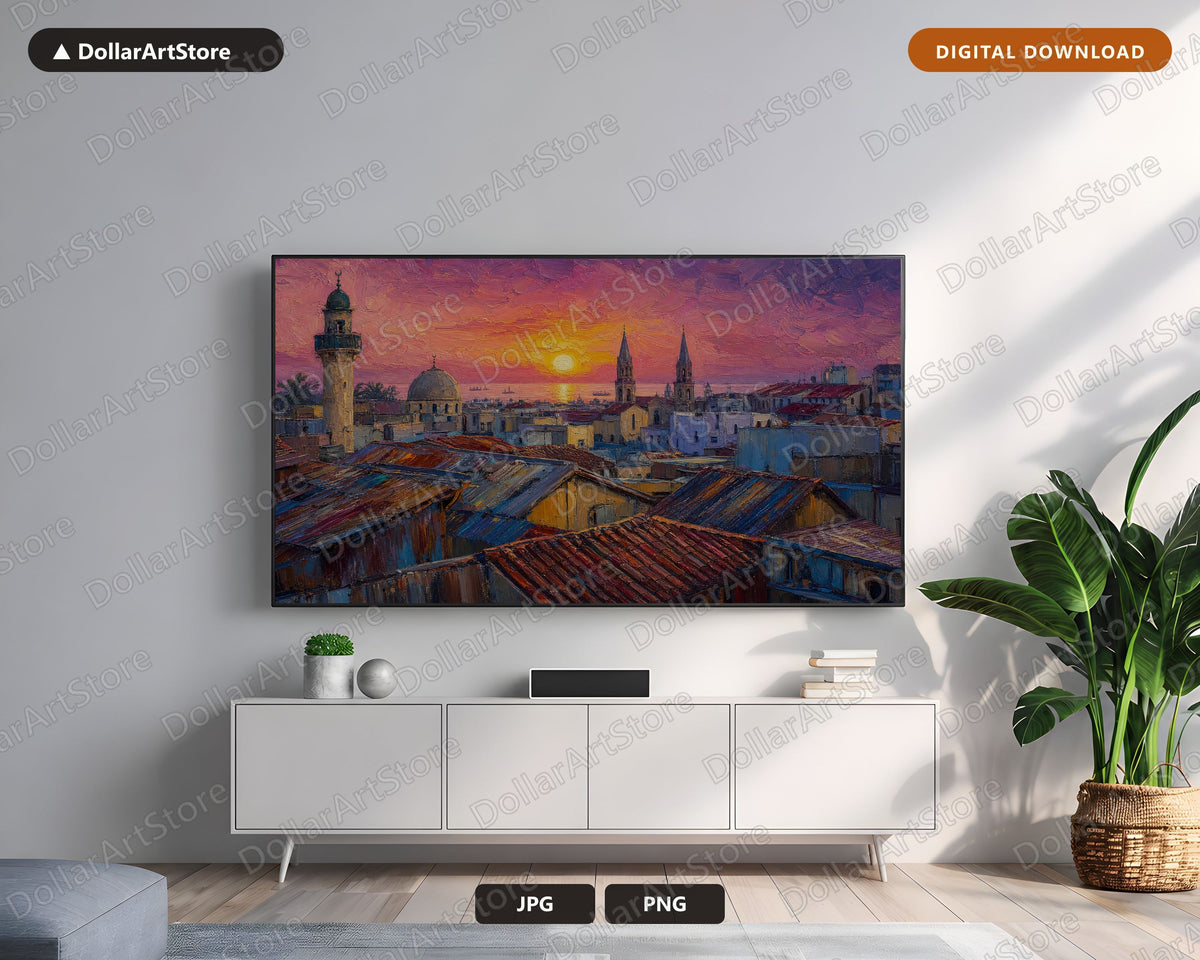 Cozy Textured Sunset Frame TV Art, African Cityscape Samsung Frame TV Digital Download 4K