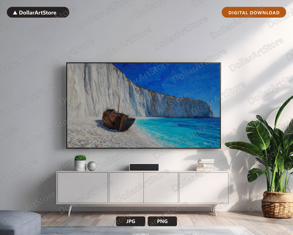 Cozy Scenic Frame TV Art, Shipwreck Beach Landscape, Samsung Frame TV Digital Download 4K