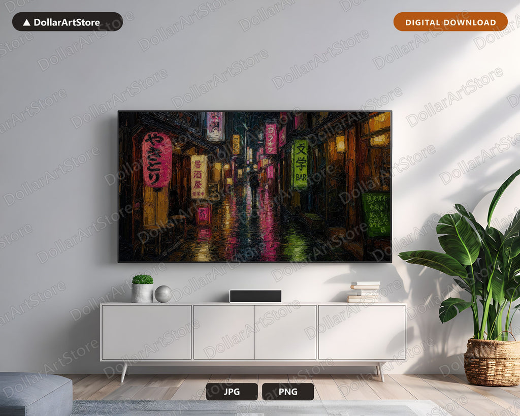 Moody Neon Street Frame TV Art, Dark Urban Scenery Samsung TV Download, Cozy Rainy East Asia 4K