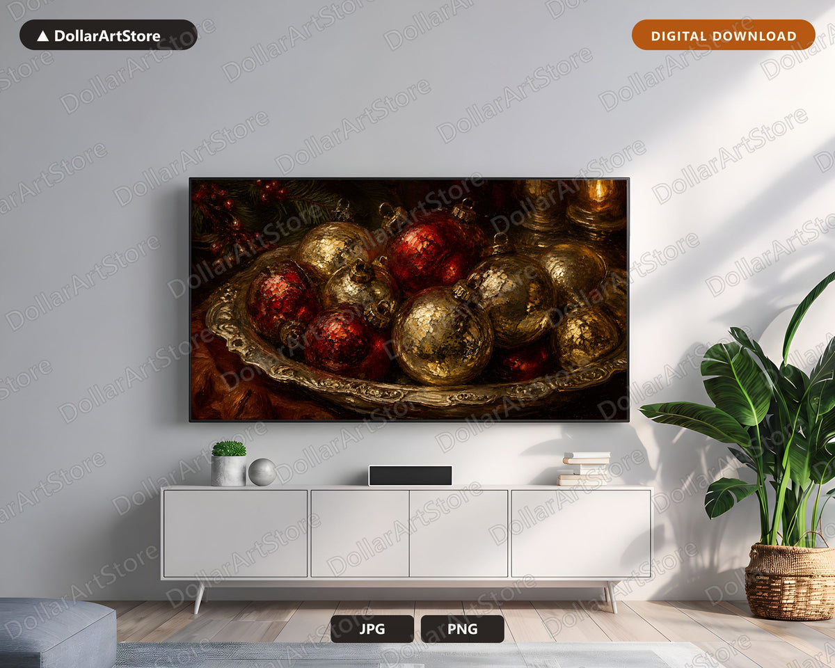 Cozy Christmas Frame TV Art, Red Gold Ornaments Evergreen Holiday Decor
