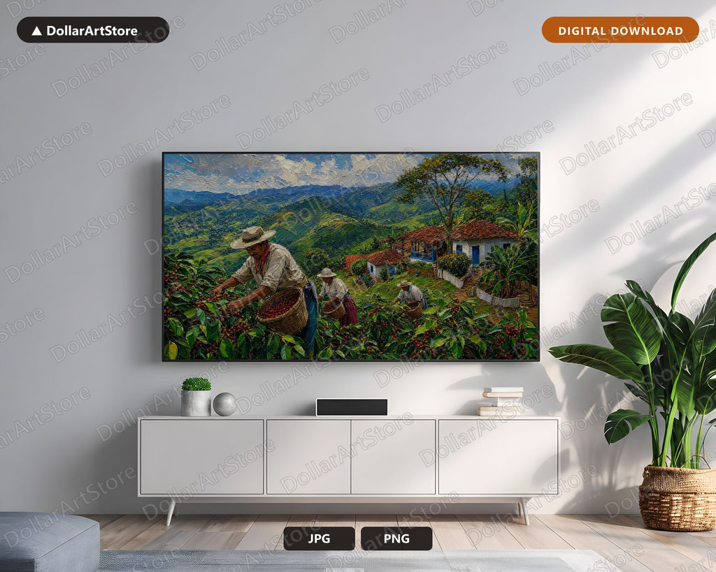 Cozy Mountain Coffee Farm Frame TV Art, Samsung Frame Digital Download, 4K Textured Harvest Landscape