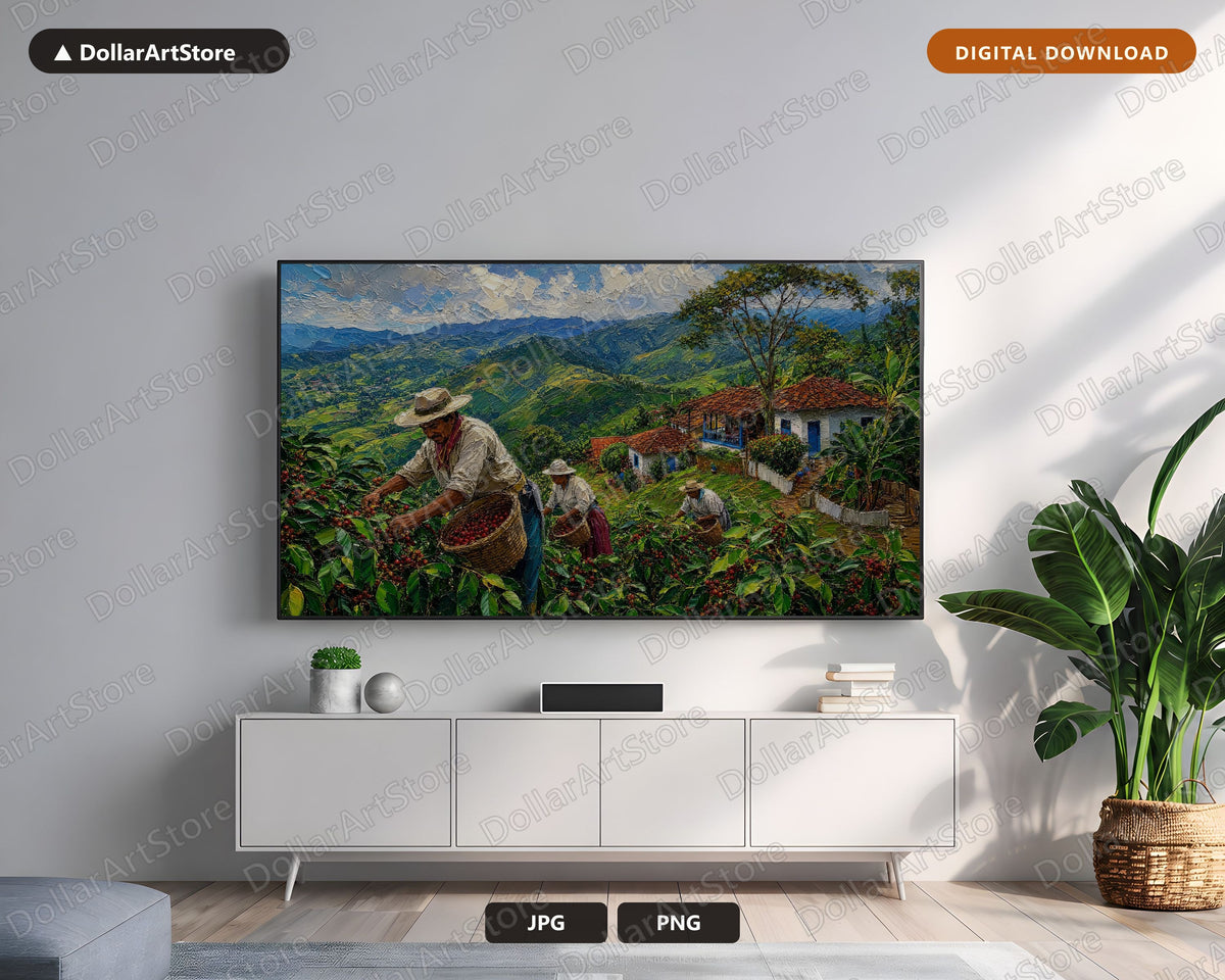 Cozy Mountain Coffee Farm Frame TV Art, Samsung Frame Digital Download, 4K Textured Harvest Landscape