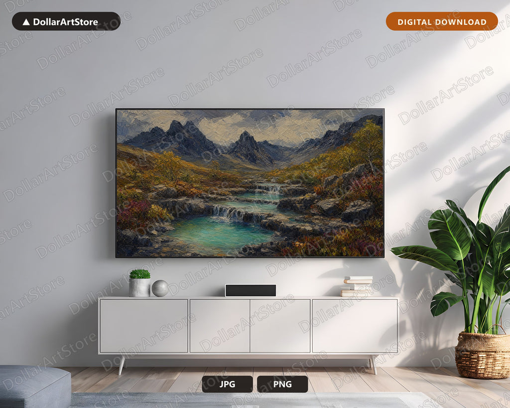 Cozy Textured Mountain Landscape Frame TV Art, Scenic Waterfall Valley Samsung Frame TV Download