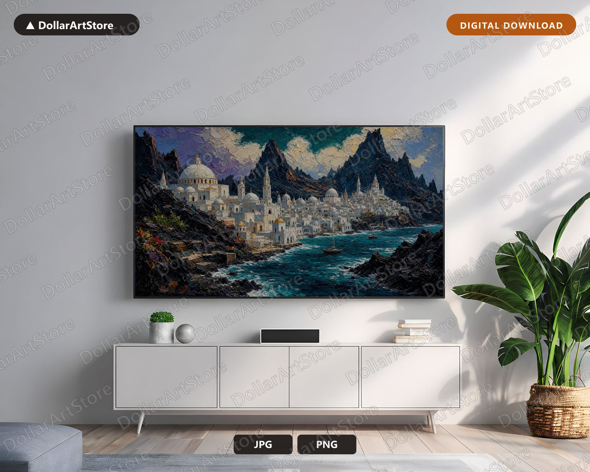  Fantasy Coastal Town Textured Frame TV Art