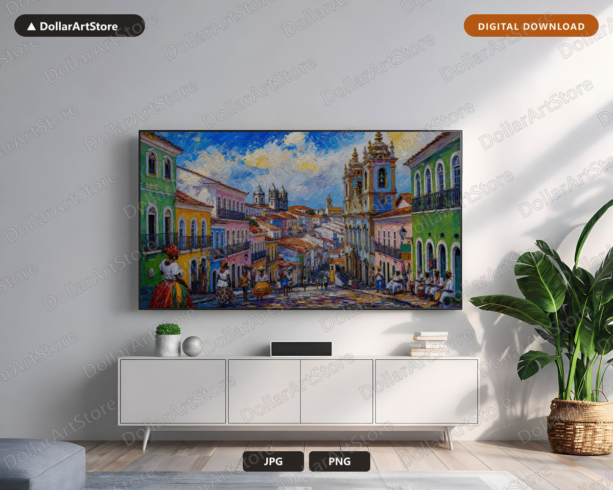 Cozy Colonial Street Frame TV Art, Samsung Frame TV Digital Download, Vibrant Textured Americas Scenery