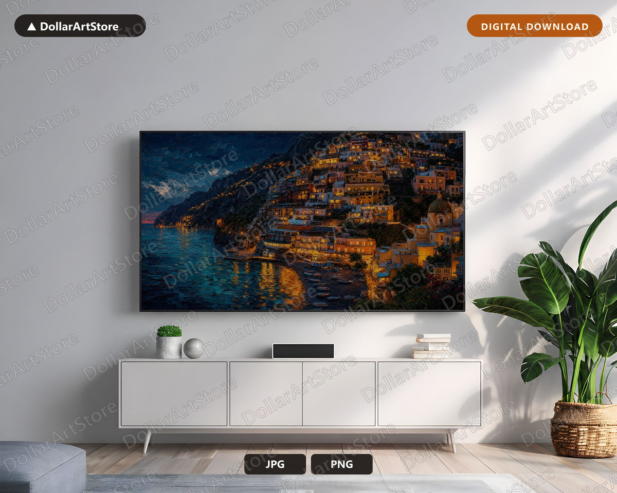 Cozy Amalfi Dusk Frame TV Art, Samsung Frame TV Digital Download, 4K Textured Coastal Scenery
