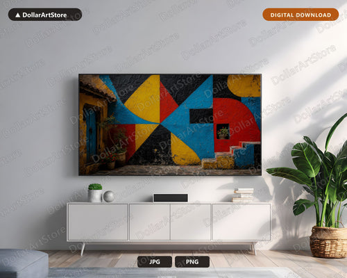 Colorful Geometric Wall Frame TV Art, Textured African Architecture, 4K Samsung Frame TV Digital Download