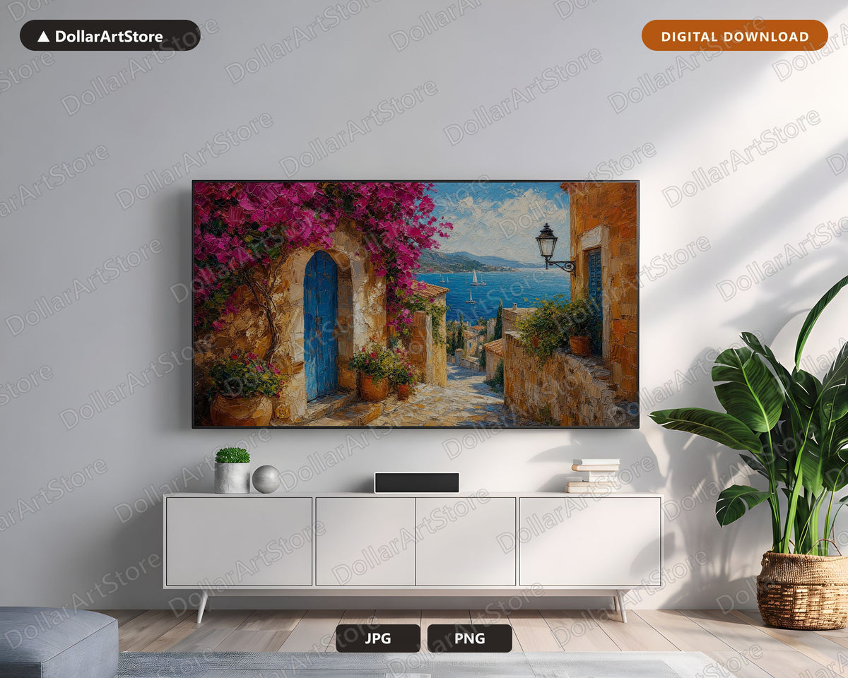 Cozy Mediterranean Frame TV Art, Textured Coastal Scenery, Samsung Frame TV Digital Download 4K