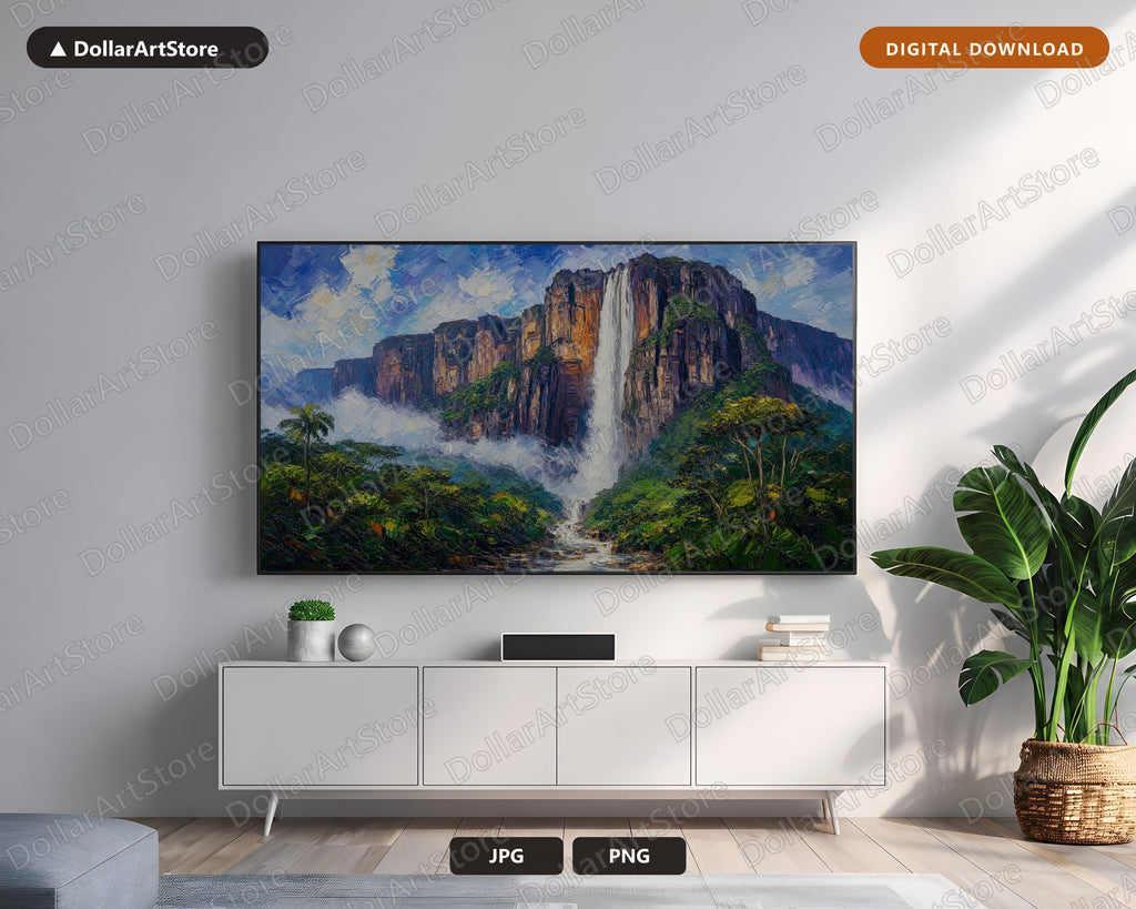 Cozy Tropical Waterfall Scenery Frame TV Art, Samsung Frame TV Digital Download, 4K Textured Landscape Art
