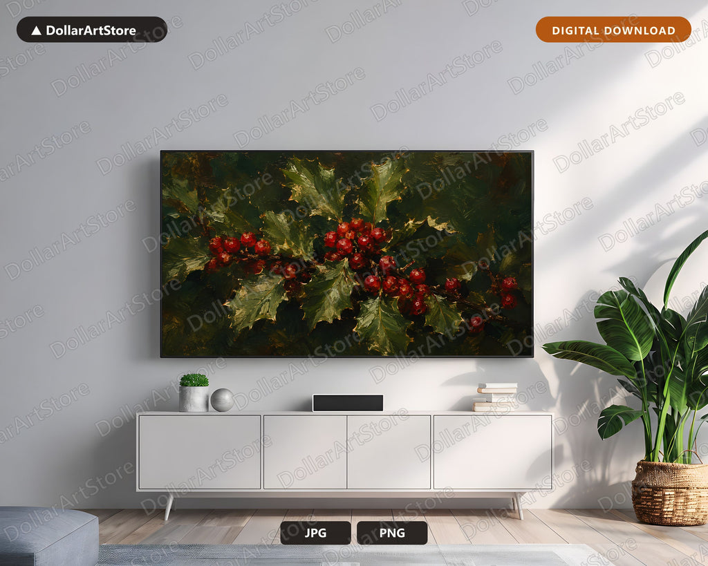 Cozy Holly Berries Frame TV Art, Christmas Textured Botanical Samsung Frame Digital Download 4K