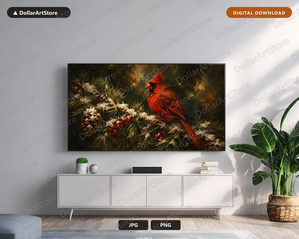 Cozy Holiday Cardinal Frame TV Art, Samsung Frame TV Digital Download, 4K Textured Winter Screensaver