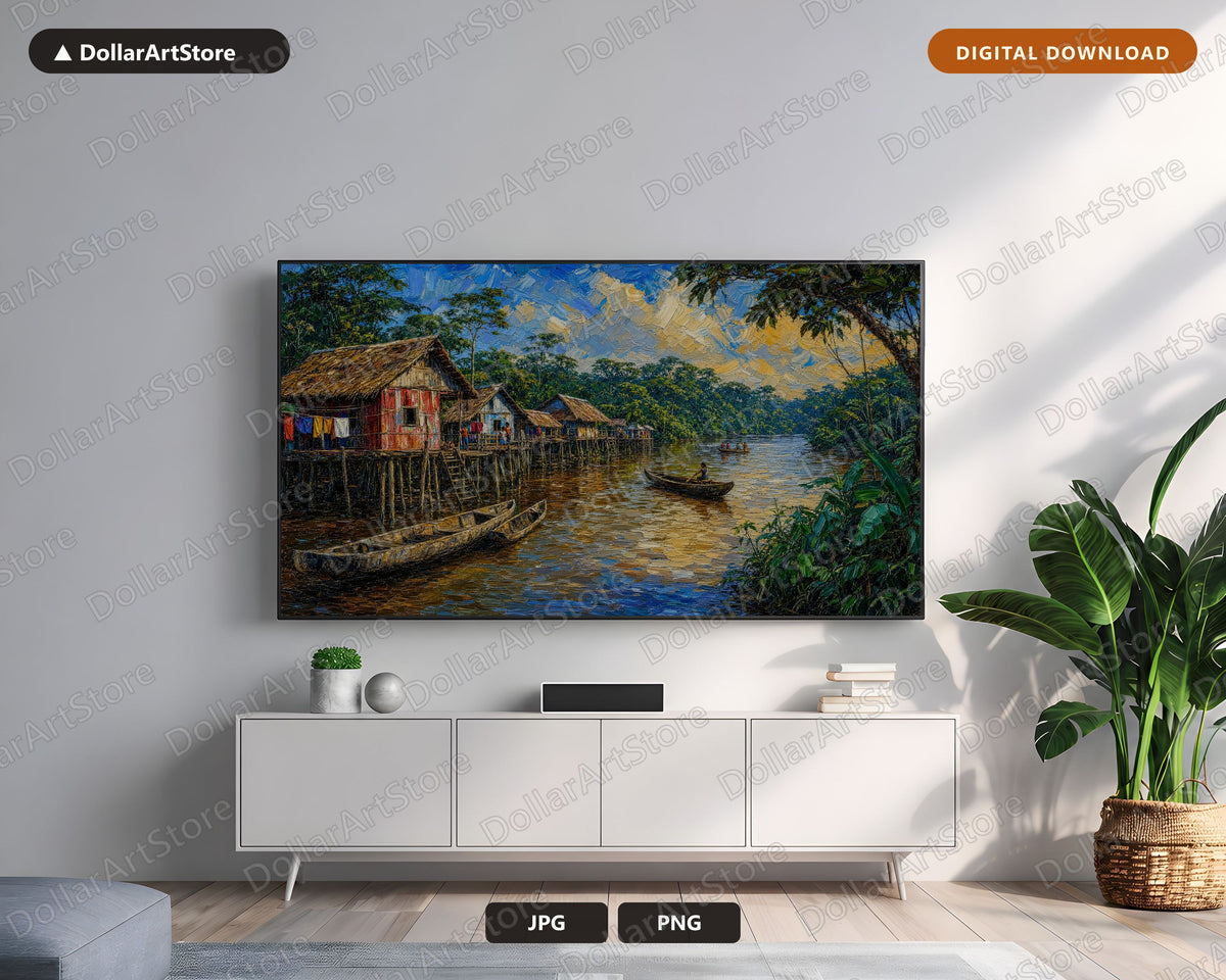 Cozy Tropical River Village Frame TV Art, Samsung Frame TV Digital Download, 4K Textured Scenery