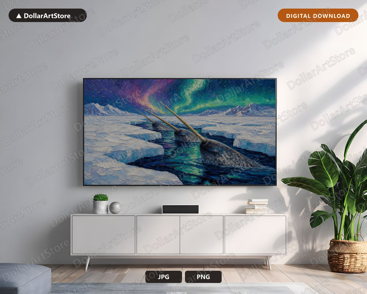 Cozy Arctic Narwhal in Polar Aurora Frame TV Art