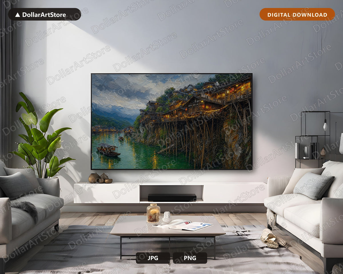 Cozy East Asia Village Frame TV Art, Samsung Frame TV Digital Download, 4K Textured Scenery