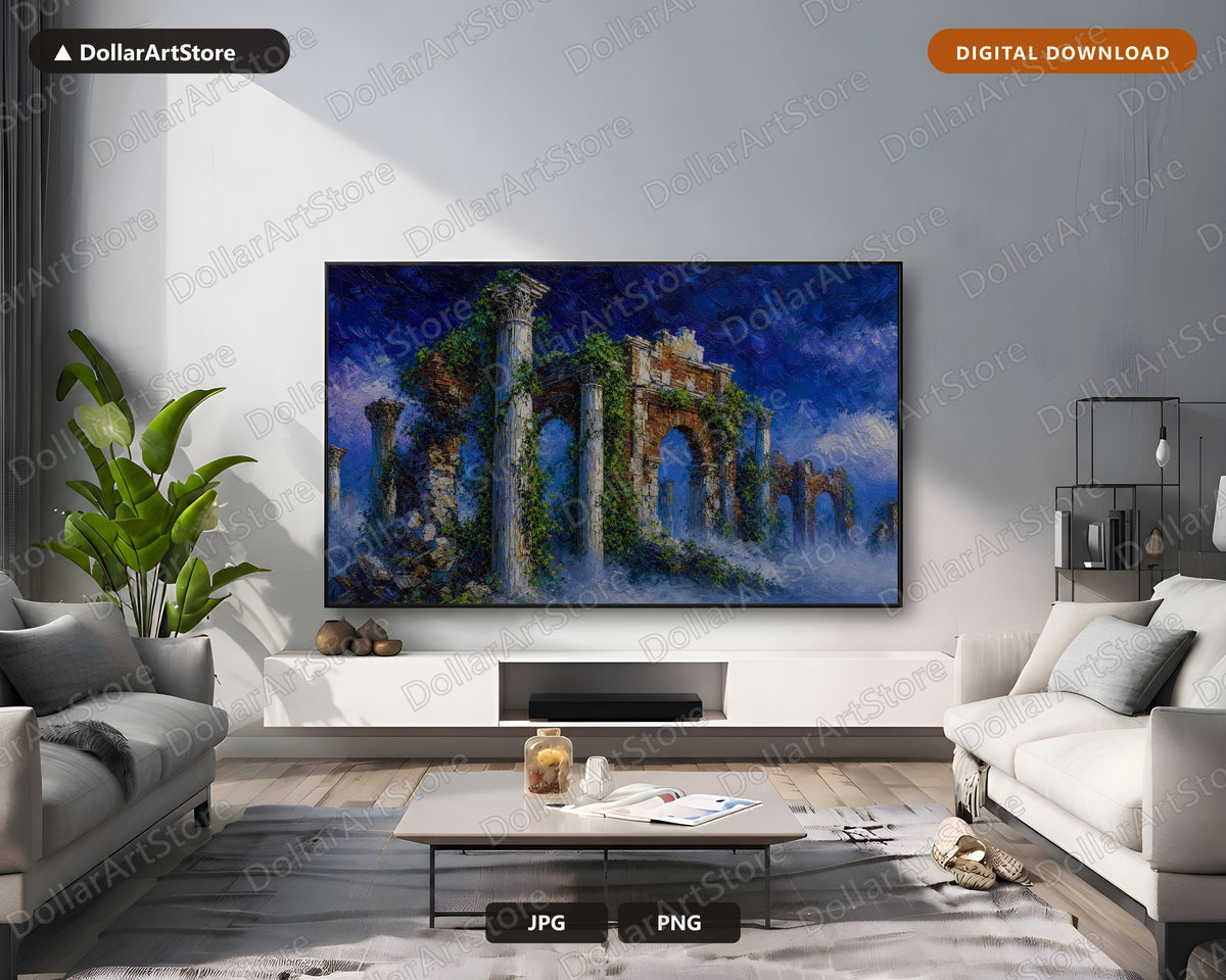 Cozy Scenery Frame TV Art, Roman Ruins Evening Mist, Samsung Frame TV Digital Download 4K