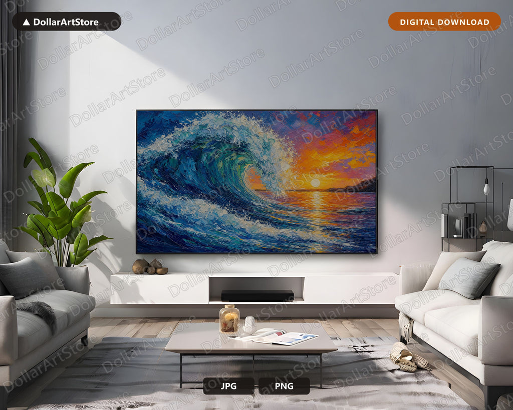 Cozy Coastal Wave Frame TV Art, Samsung Frame TV Digital Download, 4K Textured Ocean Sunset
