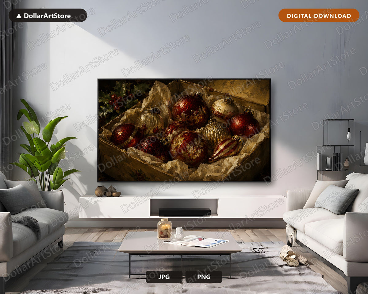 Cozy Christmas Frame TV Art, Red Gold Ornaments Rustic Holiday Screensaver, 4K Samsung Frame TV Digital Download