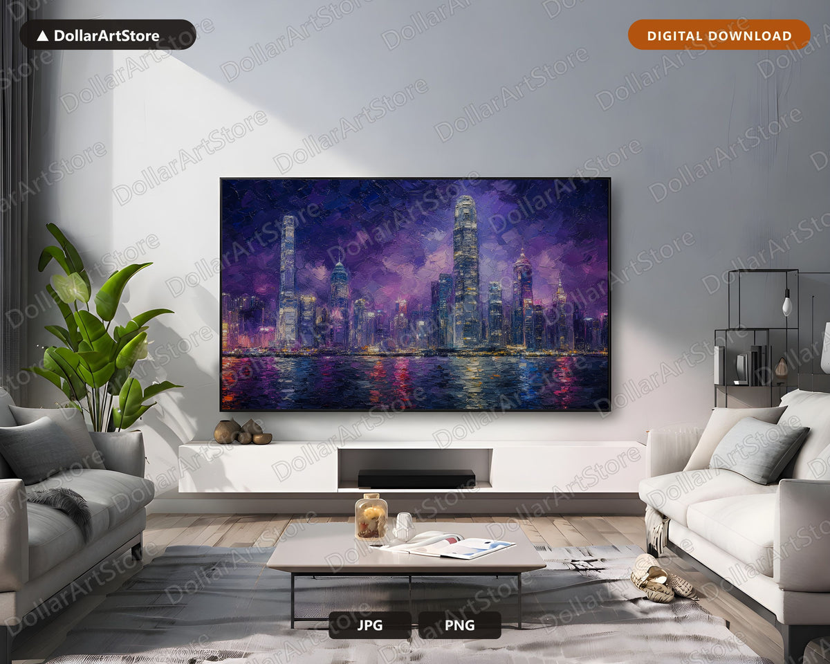 Cozy Purple City Skyline Frame TV Art, Samsung Frame TV Digital Download, 4K Textured Urban Screensaver Art