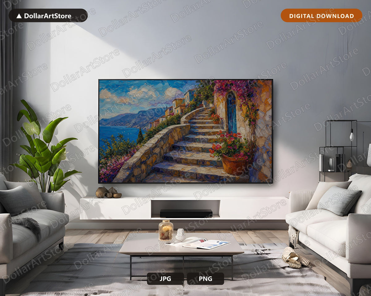 Cozy Mediterranean Coastal Frame TV Art, Samsung Frame TV Digital Download, 4K Textured Screensaver
