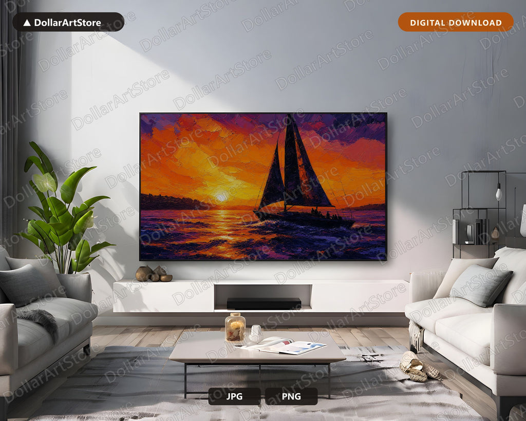 Textured Sailboat Sunset Samsung Frame TV Art | Digital Download