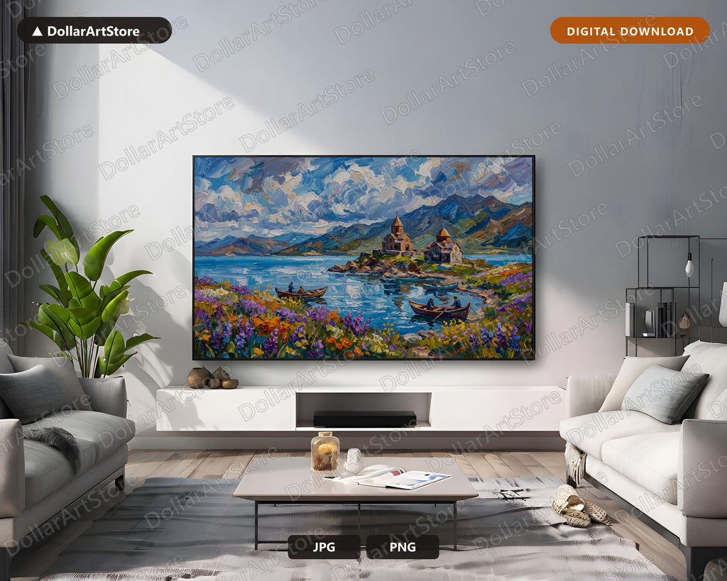 Cozy Mountain Lake Sevan Armenia Frame TV Art, Samsung Frame TV , 4K Textured Landscape