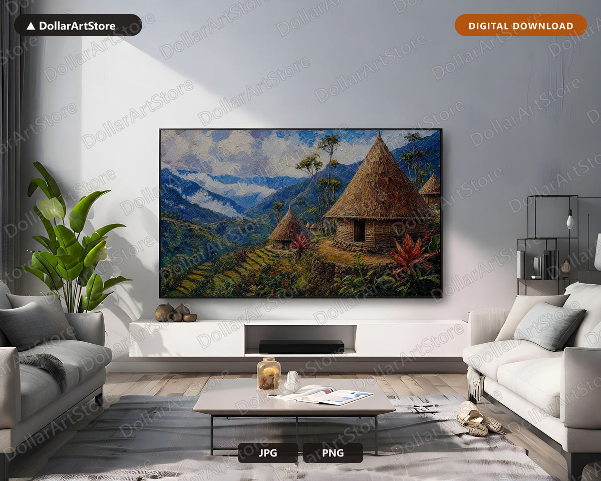 Cozy Highland Village Frame TV Art, Papua New Guinea Landscape, Samsung Frame TV 4K Digital Download