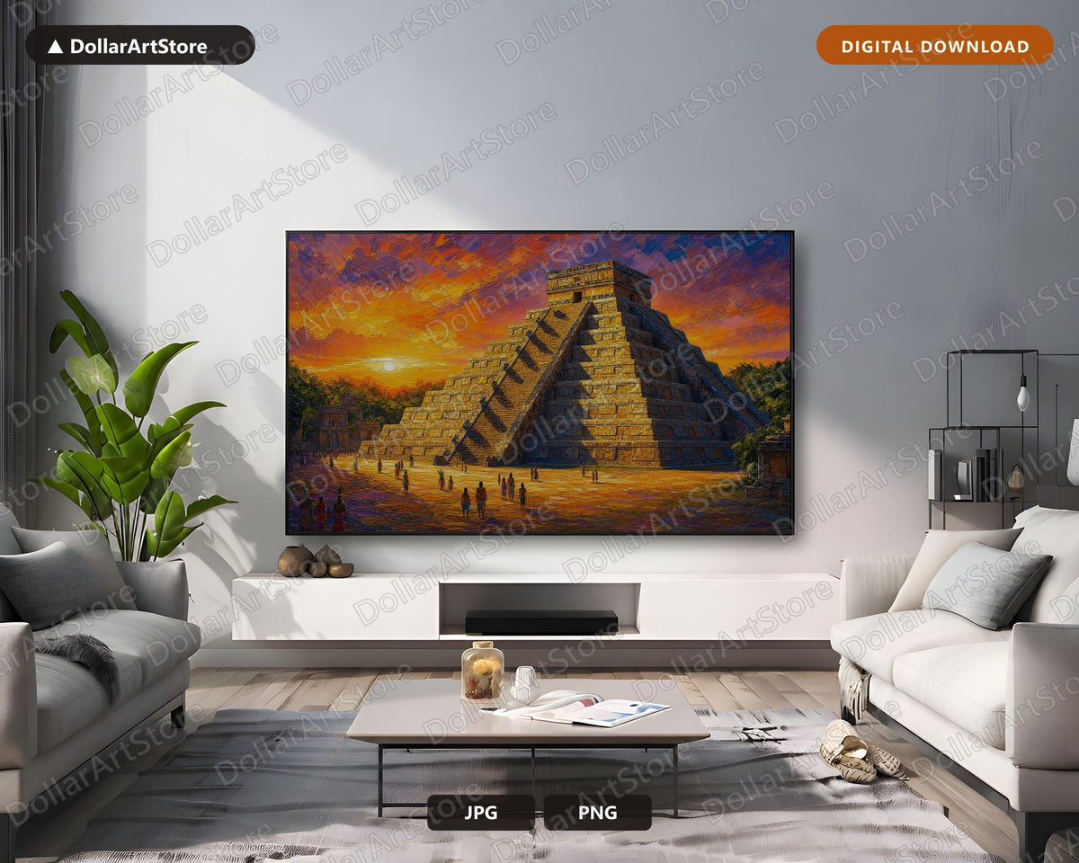 Aztec Pyramid Sunset Frame TV Art, Textured Landscape 4K Digital Download, Samsung Frame TV Screensaver