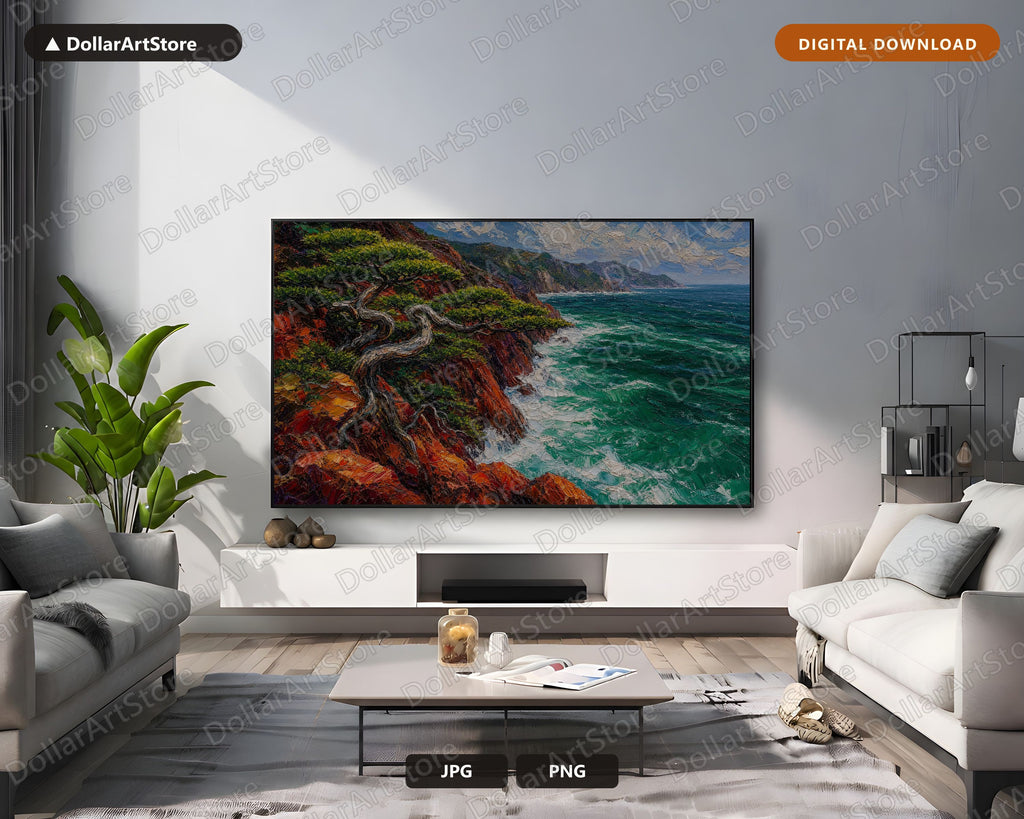 Cozy Coastal Frame TV Art, Wind-Swept Costa Brava Cliffs, Samsung Frame TV Digital Download, 4K