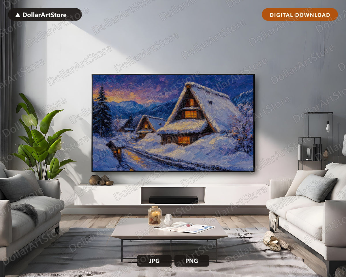 Cozy Winter Frame TV Art, Snow Mountain Cottage Landscape, Samsung Frame TV 4K Digital Download