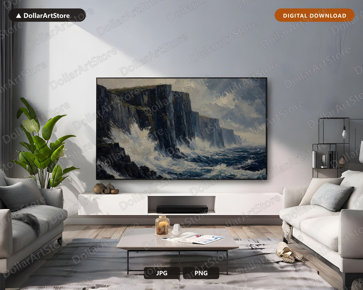 Moody Coastal Cliffs Frame TV Art, Samsung Frame TV Digital Download, 4K Textured Seascape Screensaver