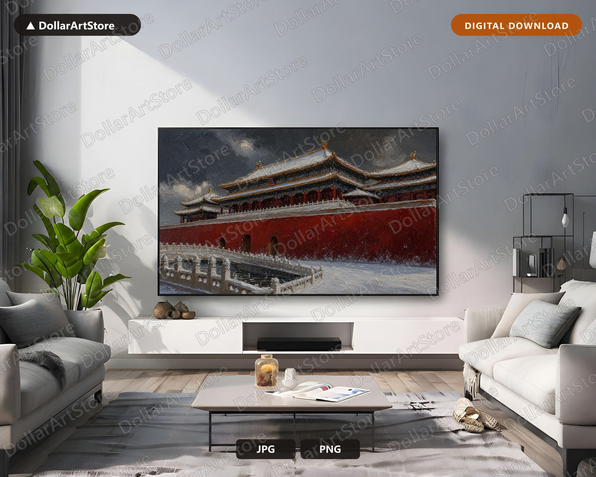 Cozy Winter East Asia Frame TV Art, Samsung Frame TV Digital Download, 4K Textured Snow Scenery