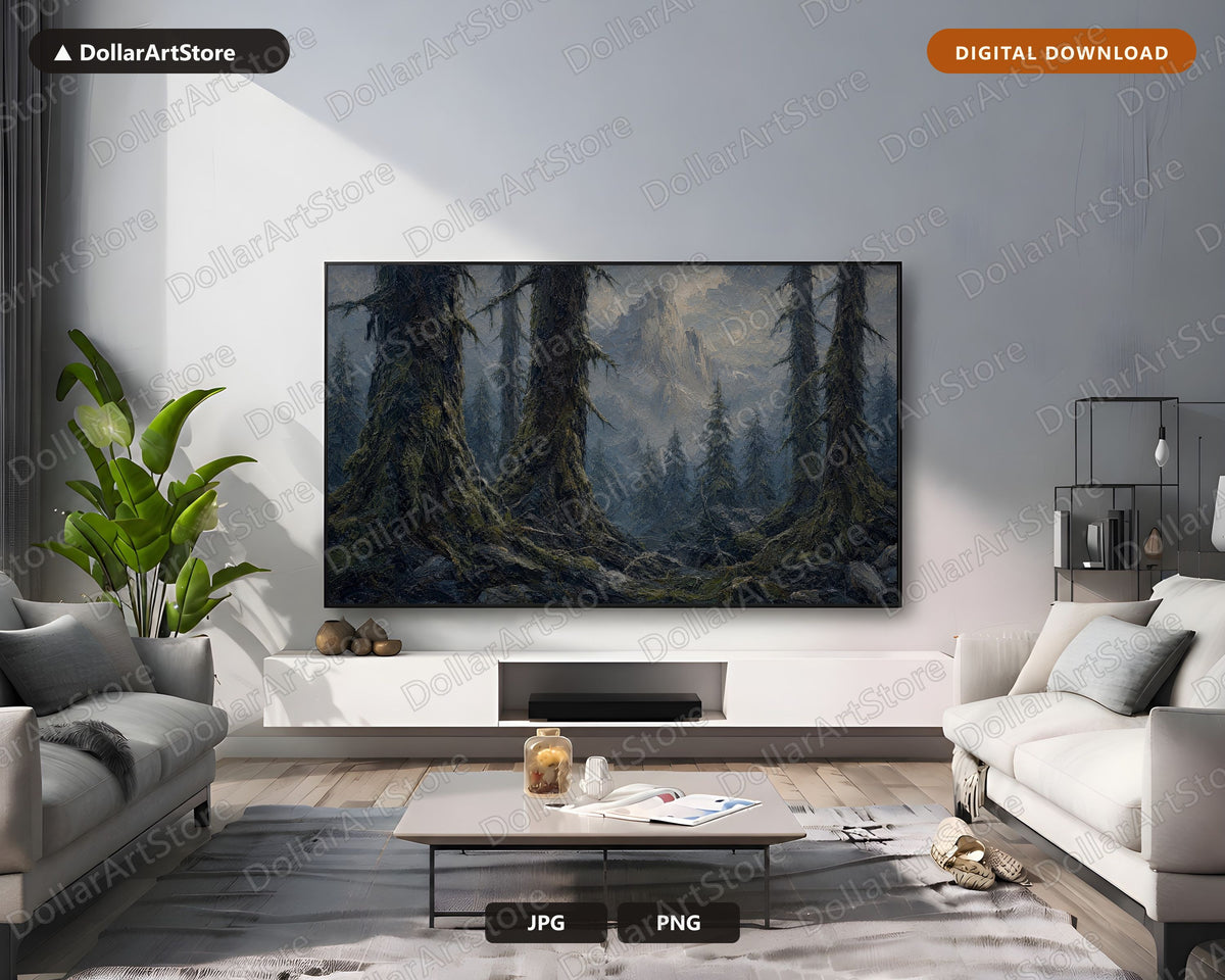 Cozy Dark Forest Frame TV Art, Samsung Frame TV Digital Download, Moody Mountain Scenery 4K