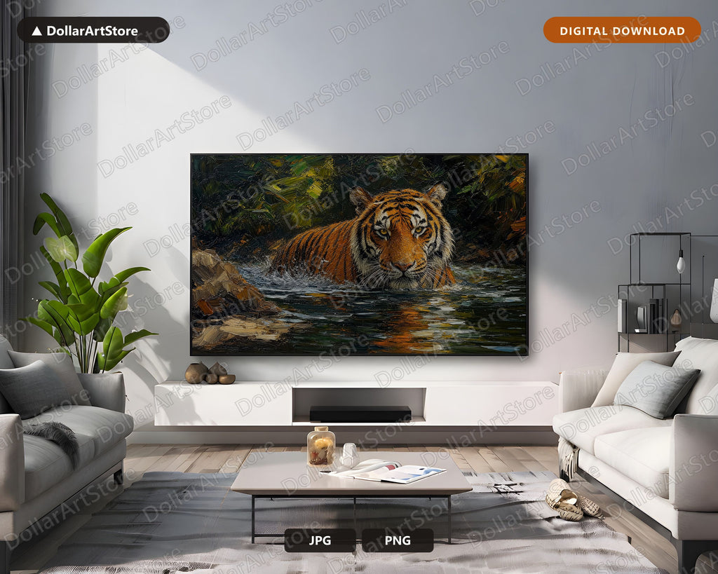 Cozy Tiger in Water Frame TV Art, Samsung Frame Digital Download, 4K Textured Wildlife Screensaver