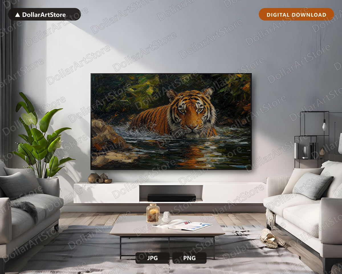 Cozy Tiger in Water Frame TV Art, Samsung Frame Digital Download, 4K Textured Wildlife Screensaver
