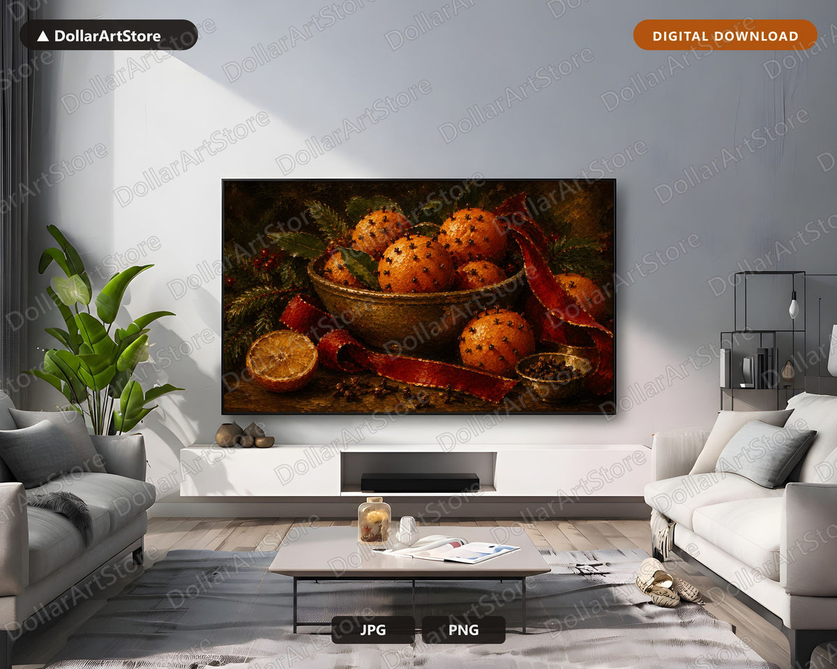 Cozy Holiday Frame TV Art, Christmas Oranges & Cloves Samsung TV Digital Download, 4K Textured Festive Screensaver Art