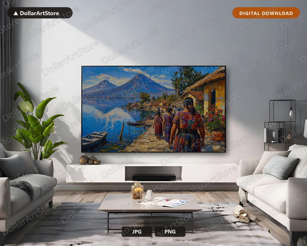 Cozy Lake Village Frame TV Art, Samsung Frame TV Digital Download, 4K Scenic Landscape Screensaver