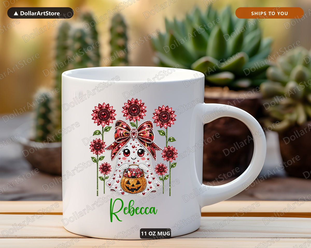 Ruby Ghost Mug with Sunflowers, Personalized Halloween Ceramic Mug, Fall Gift