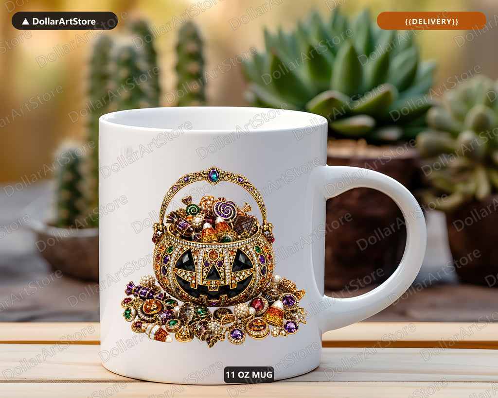 Jeweled Pumpkin Mug, Ornate Halloween Coffee Mug, Gemstone Basket Design